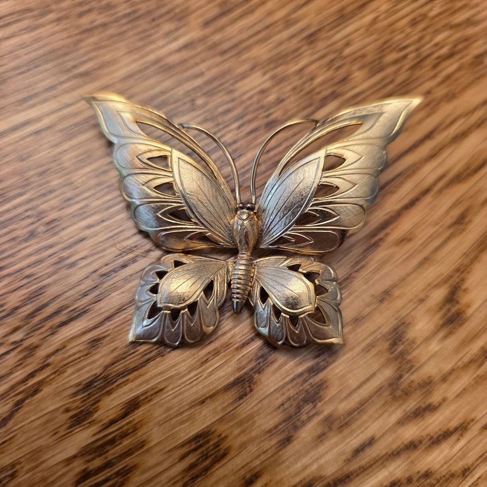 Wells Sterling Silver 14K Gold Filled Butterfly Brooch Pin Vintage Textured Gift